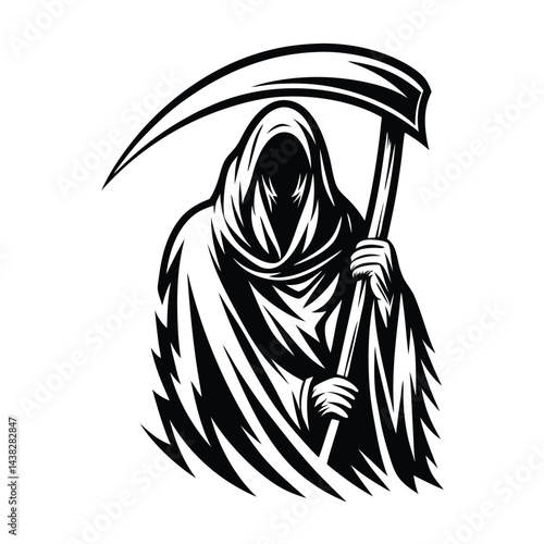 Grim Reaper Silhouette Holding Scythe, Hooded Figure, Death Symbol, Black and White