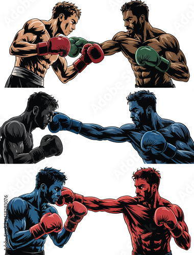 Three illustrations of intense boxing matches with opponents punching each other