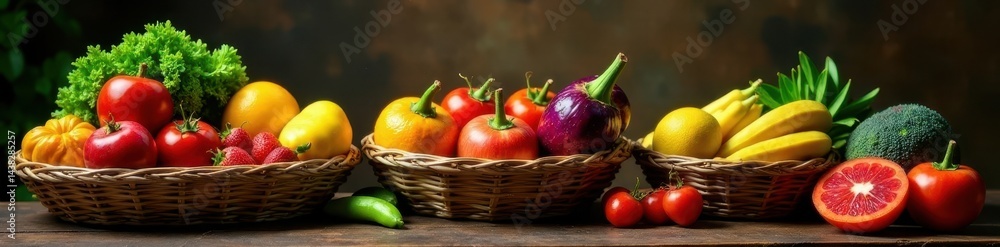 Overflowing baskets of diverse African fruits and vegetables , color, colorful Overflowing baskets of diverse African fruits and vegetables , color, colorful