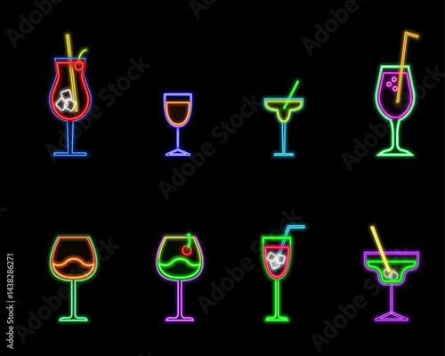 Neon cocktail icon set. popular alcoholic isolated cocktails on brick wall background.