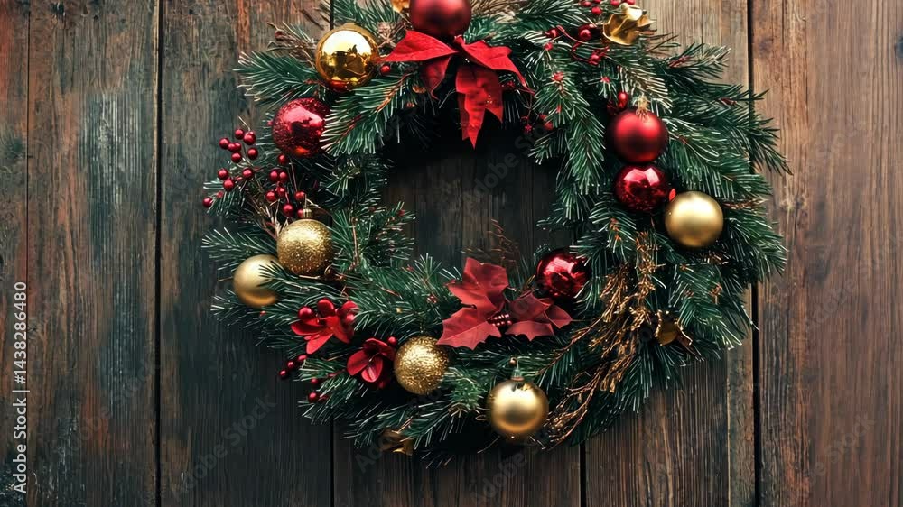 Festive christmas wreaths with red and gold ornaments on rustic wood background Festive christmas wreaths with red and gold ornaments on rustic wood background