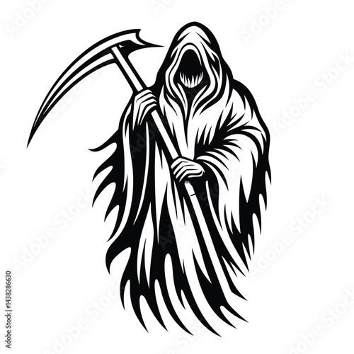Grim Reaper Silhouette with Scythe, Death Figure, Black and White Isolated on White