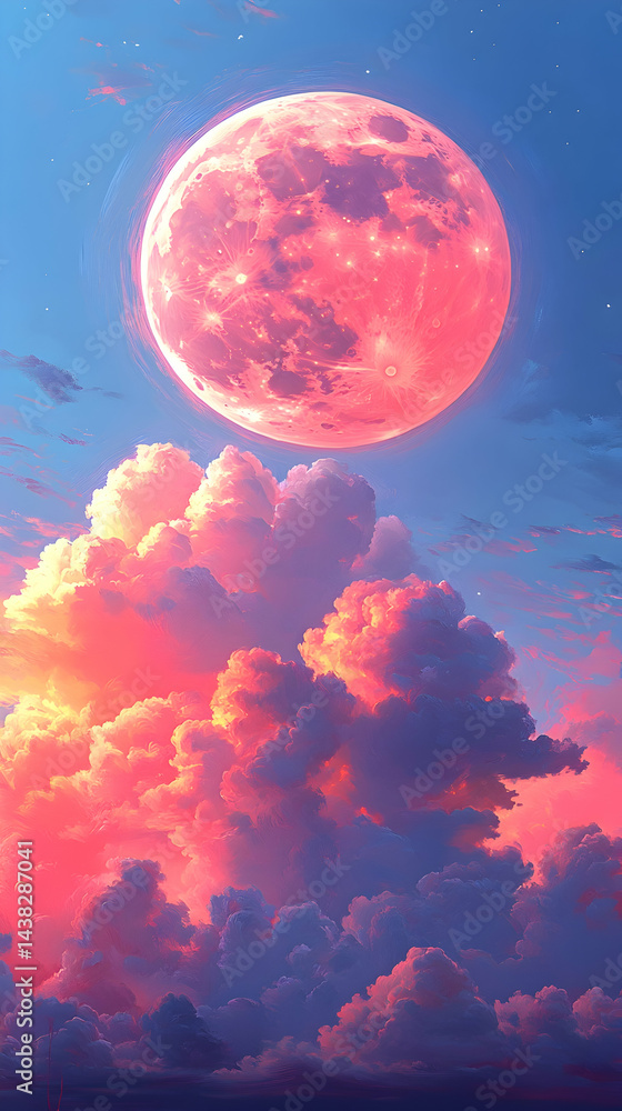 Fototapeta premium Pink moon looms above puffy clouds in a blue sky