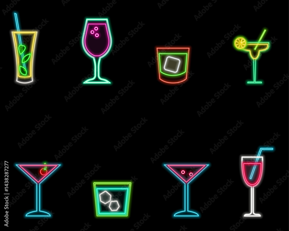 Neon colored cocktails. neon style drinks icons. several colorful models. Neon colored cocktails. neon style drinks icons. several colorful models.
