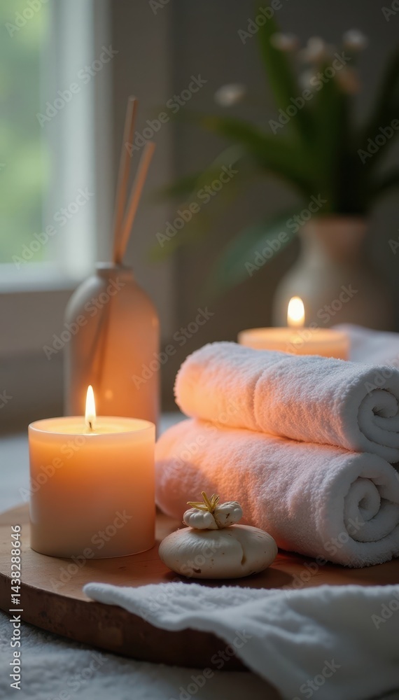 Scented candles & plush towels, ready for spa day, elegant, organic, natural Scented candles & plush towels, ready for spa day, elegant, organic, natural