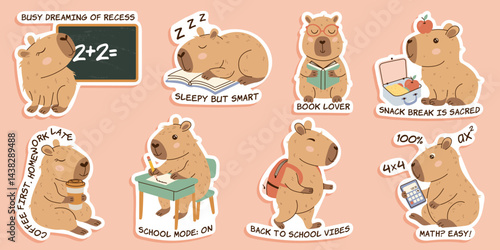Cute capybara back-to-school sticker set in hand drawn doodle style with soft pastel colors. Perfect for stationery, planners, notebooks, scrapbooking, school projects, digital stickers, and gifts.