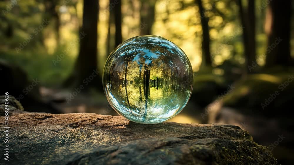 Glass Sphere on Mossy Rock in Forest Glass Sphere on Mossy Rock in Forest