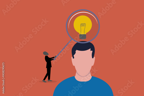 Businessman verify or validate light bulb idea on head. concept of Validate startup idea that have potential to implement and success in real life, analyze and choose best business idea