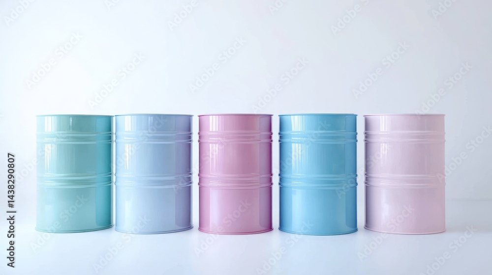 custom made wallpaper toronto digitalA row of metal oil barrels painted in pastel colors, from light pink to soft blue, on white background.