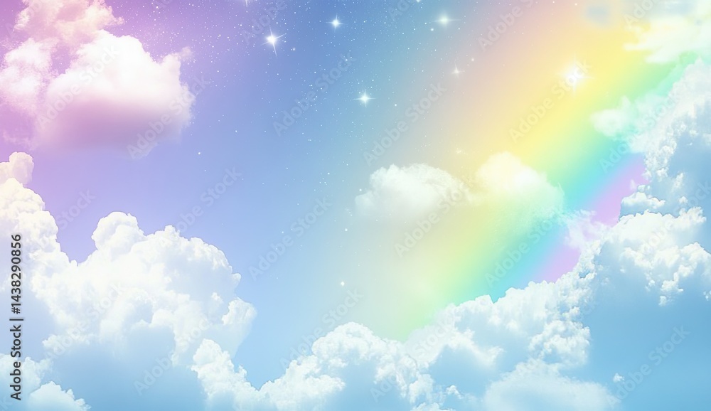 Pastel rainbow arching through fluffy clouds in a dreamy sky, adorned with sparkling stars Pastel rainbow arching through fluffy clouds in a dreamy sky, adorned with sparkling stars