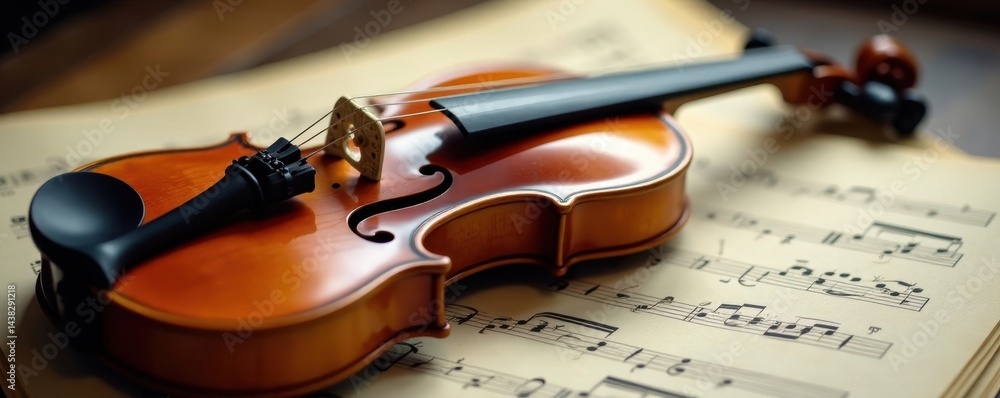 Fototapeta premium Elegant violin rests on musical score; notes float nearby , texture, object, detail