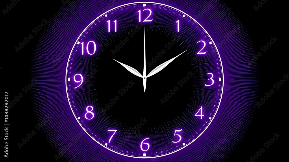 Glowing purple clock face shows time against dark background with radial light bursts Glowing purple clock face shows time against dark background with radial light bursts