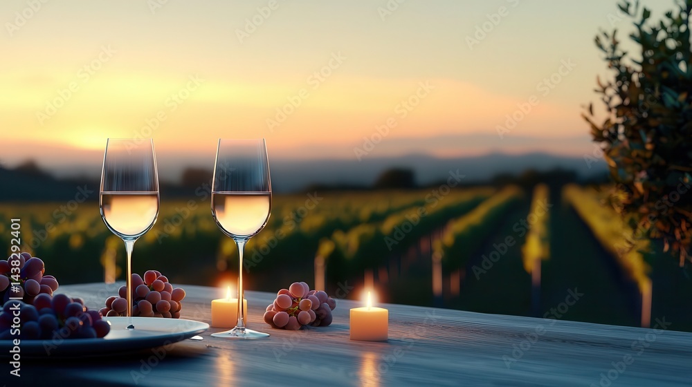 Obraz premium Romantic candlelit dinner by the vineyard, enjoying fine wine under the stars