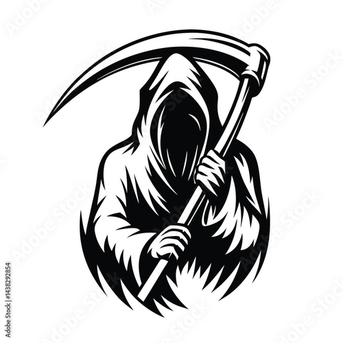 Black & White Silhouette Hooded Figure Gripping a Scythe with Intricate Details