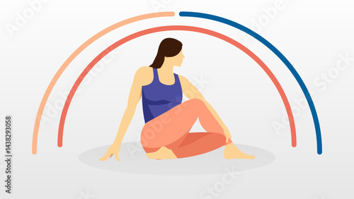 Asian woman stretching yoga pose under rainbow background