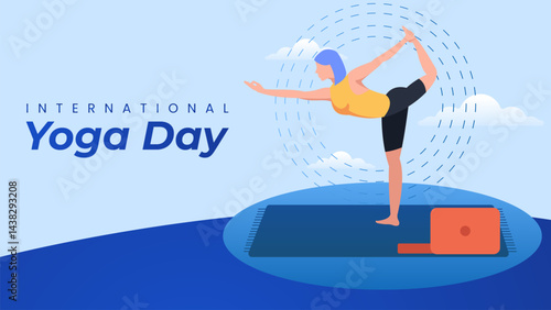 vector illustration International Yoga day asian women with mat, laptop and clouds in the background