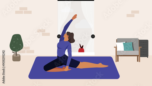 vector illustration Japanese woman doing yoga with mat and background inside house with window