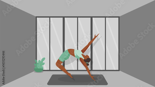 vector illustration of African American woman pilates with relaxation in indoor studio