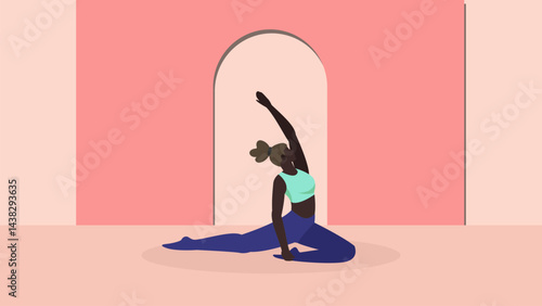 african american yoga vector illustration with rounded door background