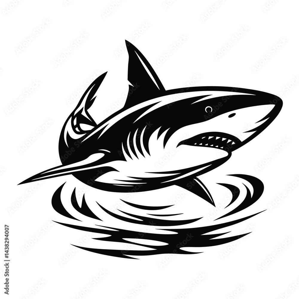 Fototapeta premium Fierce Shark Silhouette Black and White Design with Sharp Teeth and Swirling Water