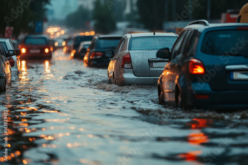 Cars slowly driving on flooded road after heavy rain in the city at dusk