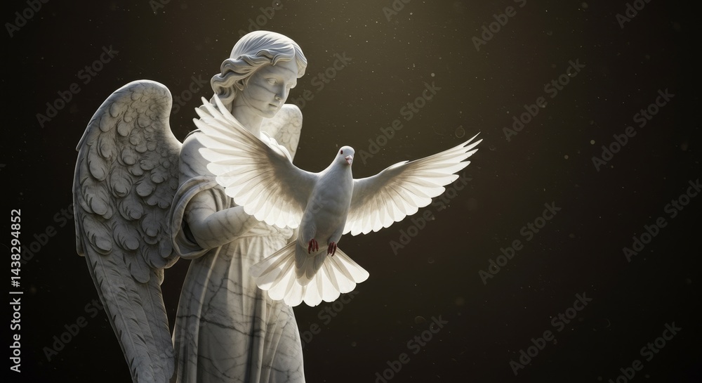 Fototapeta premium Angel statue holding a dove against a dramatic dark background