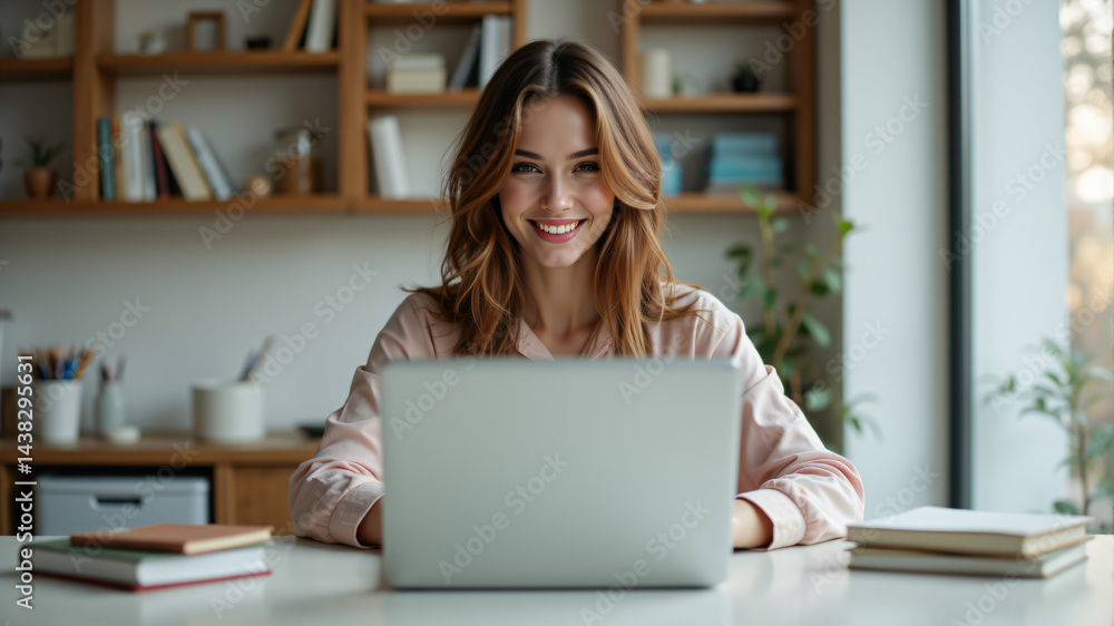 Smiling Woman Working on Laptop at Home Smiling Woman Working on Laptop at Home