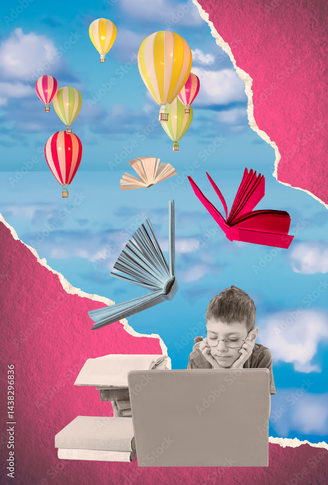 Creative collage about education process with teen boy and books