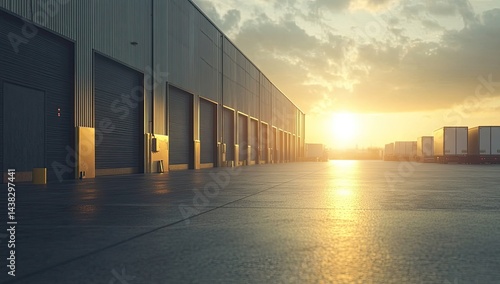 Wallpaper Mural Sunset view of a long warehouse building with multiple loading docks and trucks in the distance Torontodigital.ca