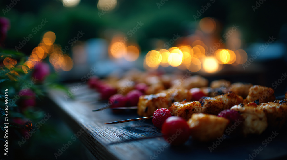Grilled food on skewers in garden party setting Grilled food on skewers in garden party setting