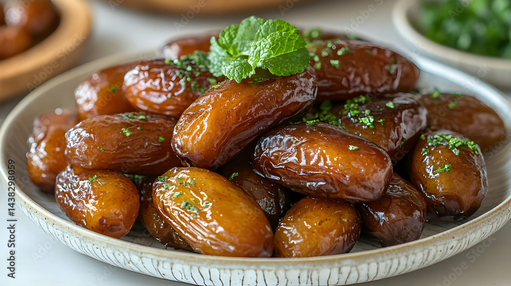 Closeup of Shiny Brown Dates Garnished with Mint on a Plate Closeup of Shiny Brown Dates Garnished with Mint on a Plate
