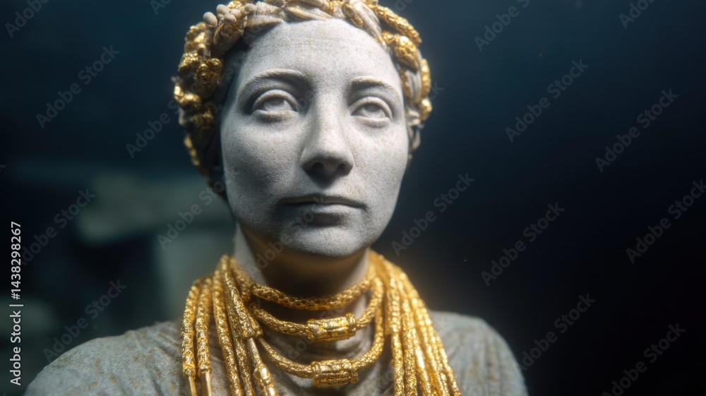 A stone statue adorned with intricate gold jewelry, featuring a serene expression, photographed in a dimly lit setting. A stone statue adorned with intricate gold jewelry, featuring a serene expression, photographed in a dimly lit setting.
