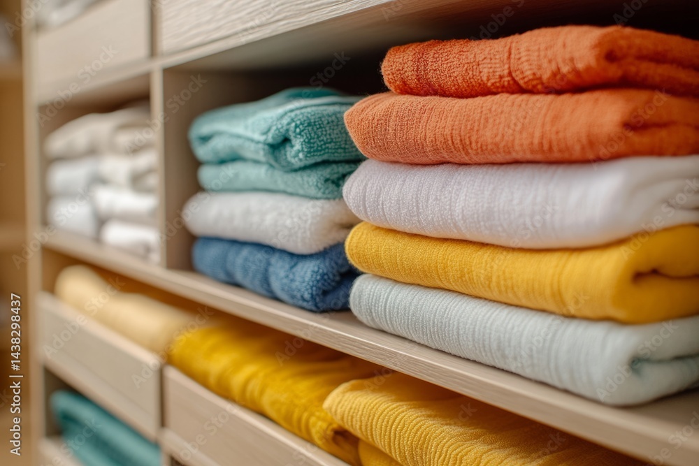 Neatly stacked colorful towels on wooden shelves create a sense of order and comfort Neatly stacked colorful towels on wooden shelves create a sense of order and comfort