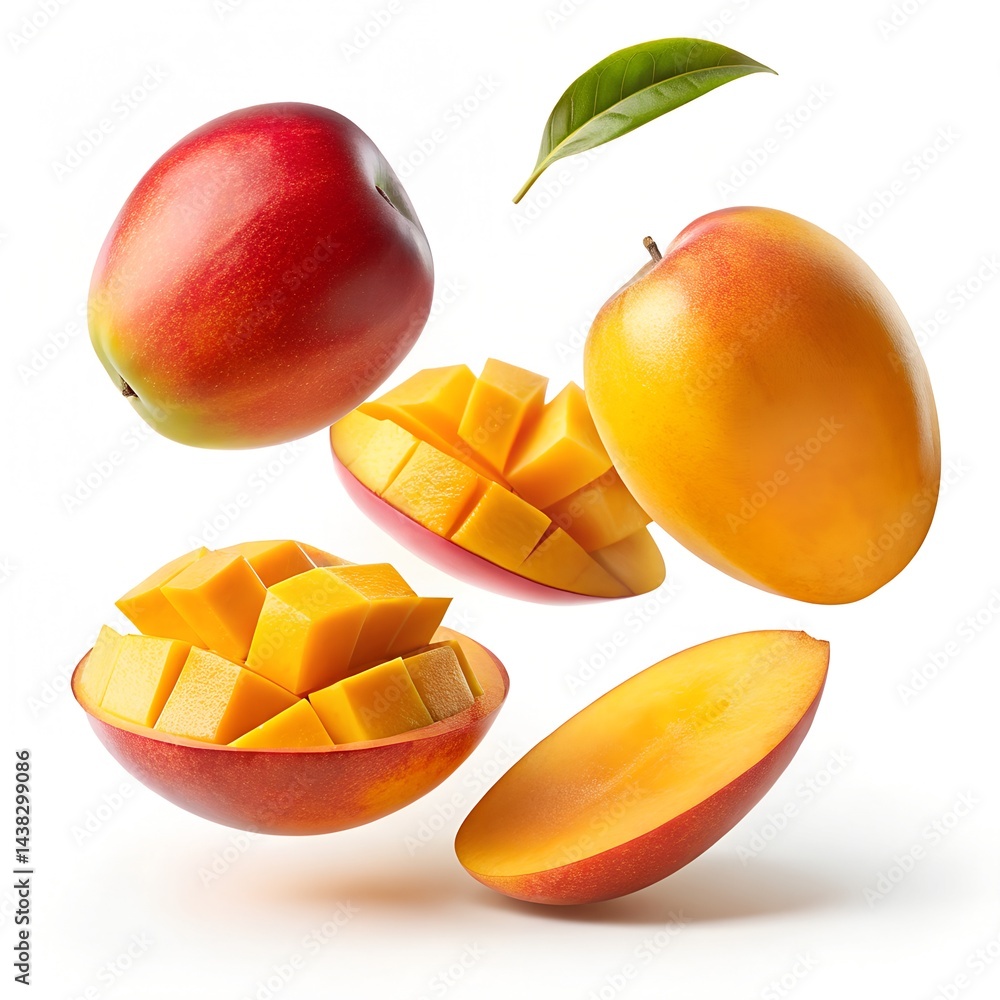 Floating Mango Slices with Clean Shadows on White Background (PNG), mango on a white background. Floating Mango Slices with Clean Shadows on White Background (PNG), mango on a white background.