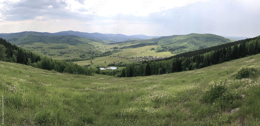 Obraz premium Serene valley view, lush green meadows, distant hills, and a small lake