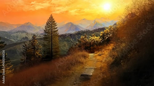 Golden sunset on mountain trail: a serene journey through breathtaking landscapes