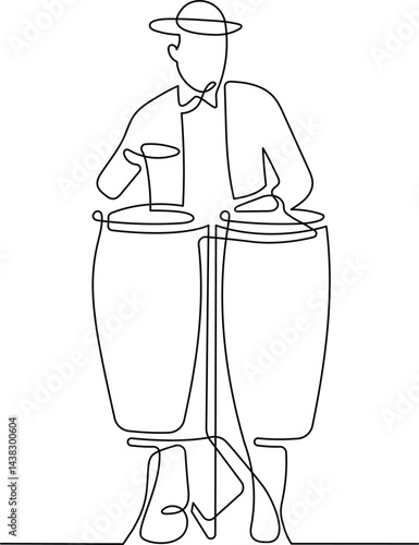 Jazz musician playing traditional drum in continuous line drawing style. Minimalist black linear sketch isolated on white background. Vector illustration