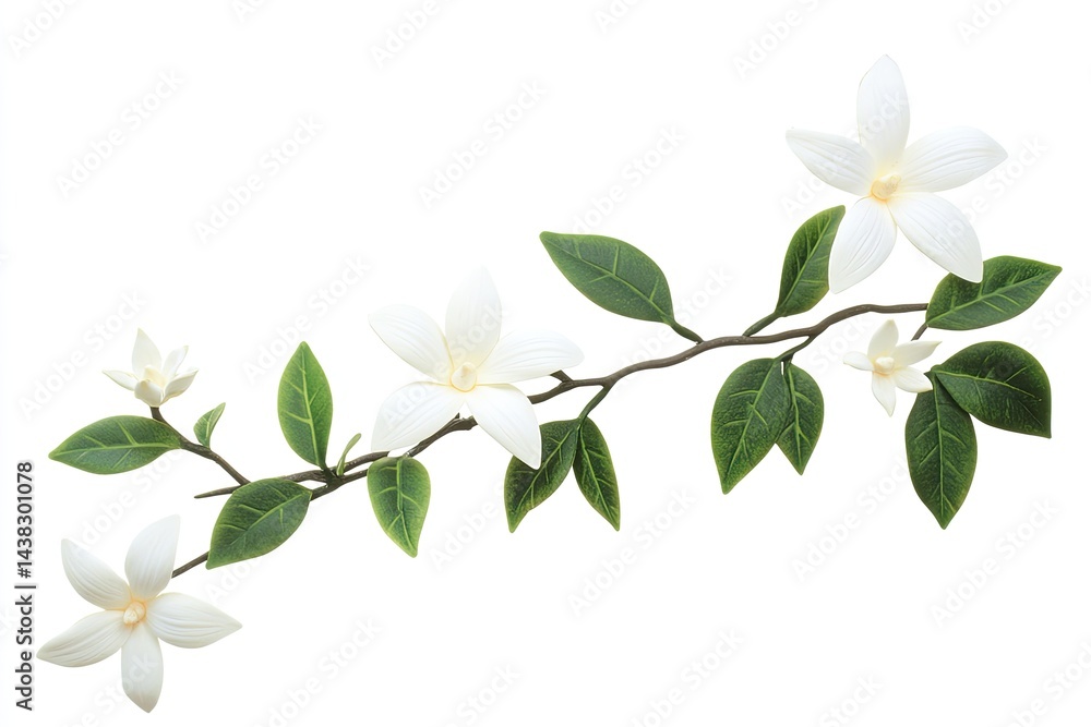 Fototapeta premium Elegant white blossoms and lush green leaves on a curving branch, isolated on white