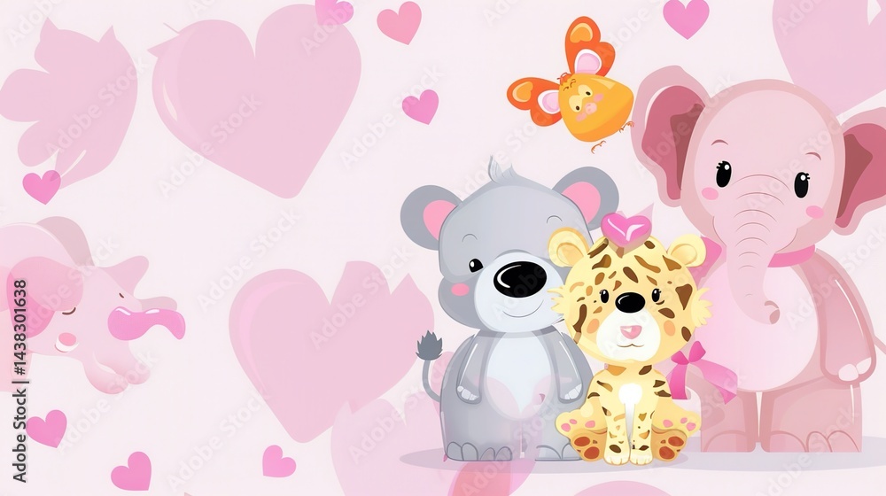 Obraz premium Cartoon Animal Love Heart Children's Toy Background: A Whimsical World of Playful Affection
