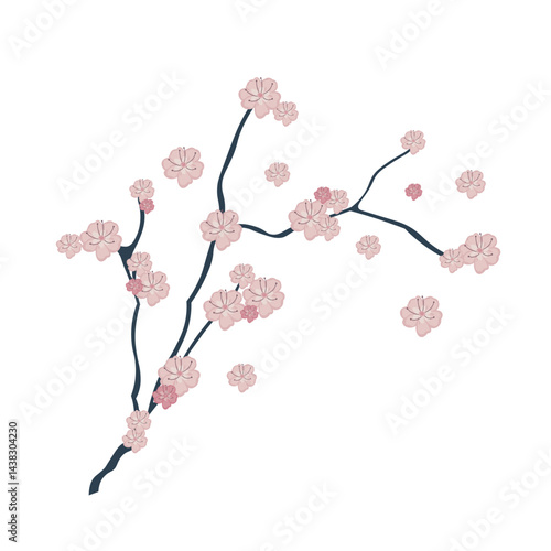 Sakura branch with flowers in flat design. Japanese pink cherry blooming. Vector illustration isolated.