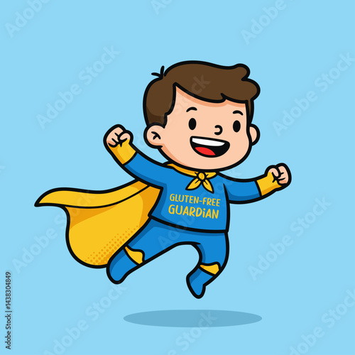 Cute illustrated superhero child wearing a 'Gluten-Free Guardian' cape
