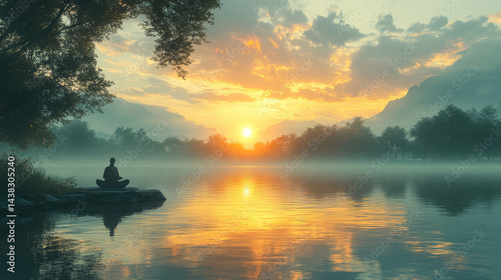 A serene landscape with a person practicing Tai Chi at sunrise