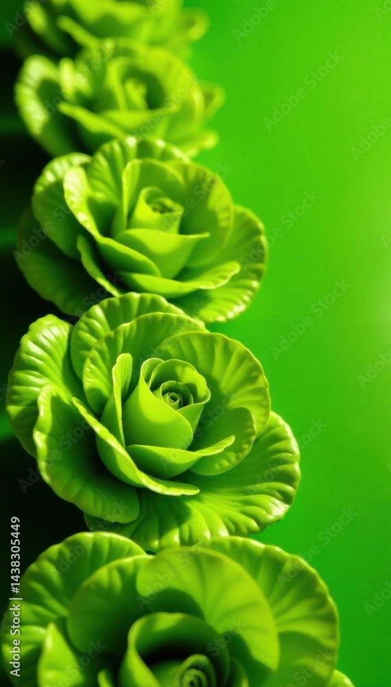 Fototapeta premium Uniform row of lush lettuce, vibrant green backdrop, pristine condition, row, nature, food