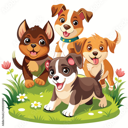 Cute puppies playing in a grassy field