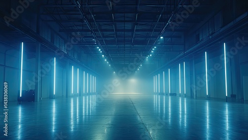 A vast, empty industrial space bathed in cool blue neon light, the polished floor reflecting the futuristic ambiance.  Mist adds to the mysterious atmosphere
