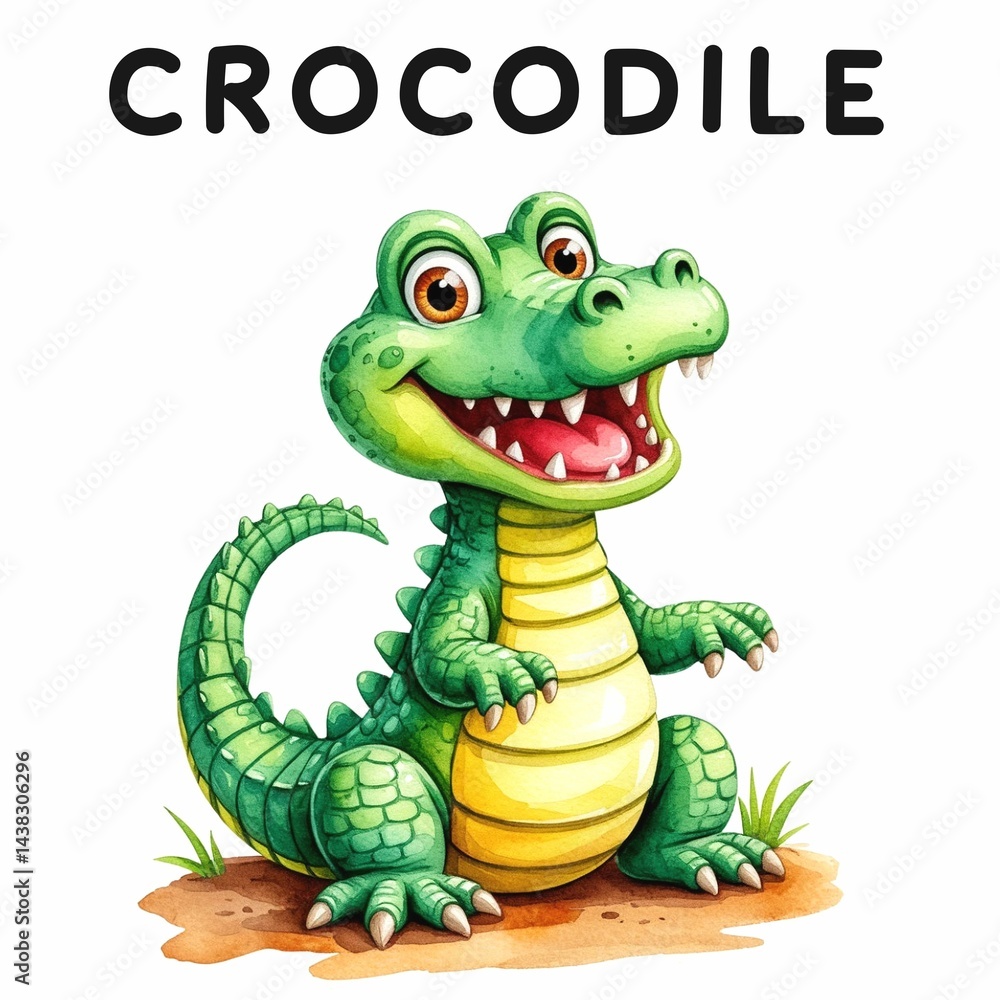 Naklejka premium Crocodile Flashcards with animals for children watercolor style on white background. Memorizing words. Studying animals. Early childhood learning and play flashcard set.
