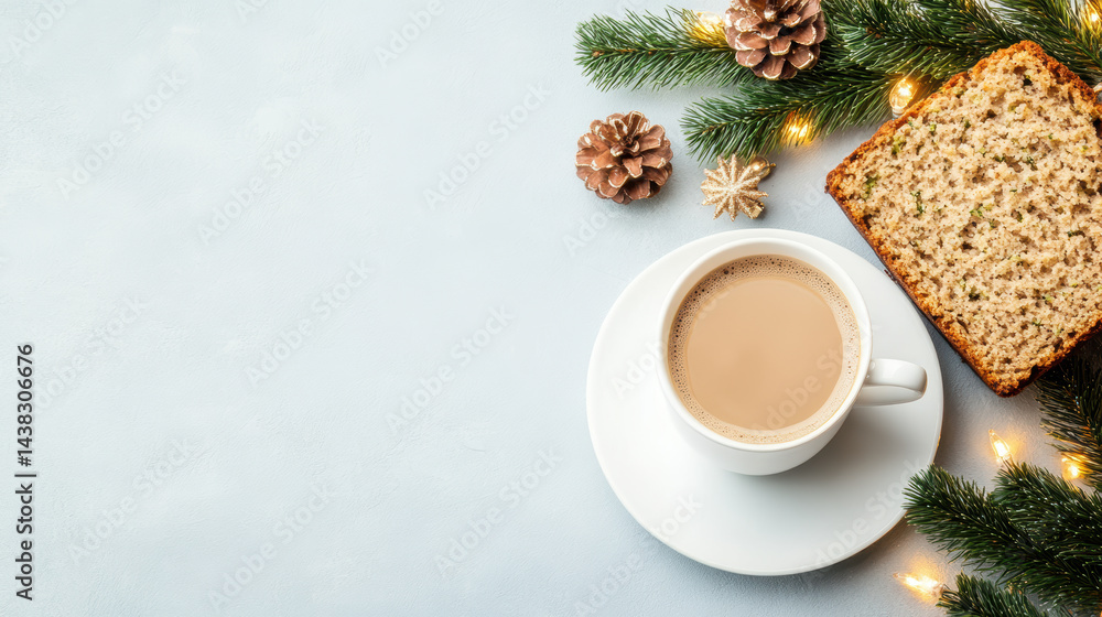 Cozy winter scene with hot coffee, festive pine cones, and holiday cake on rustic decorated table Cozy winter scene with hot coffee, festive pine cones, and holiday cake on rustic decorated table