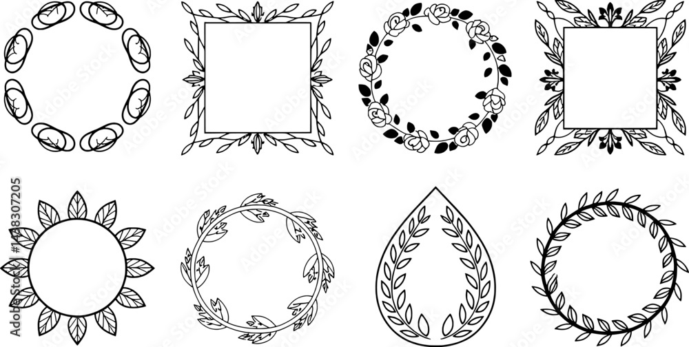 Fototapeta premium Collection of decorative floral frames and wreaths in black and white