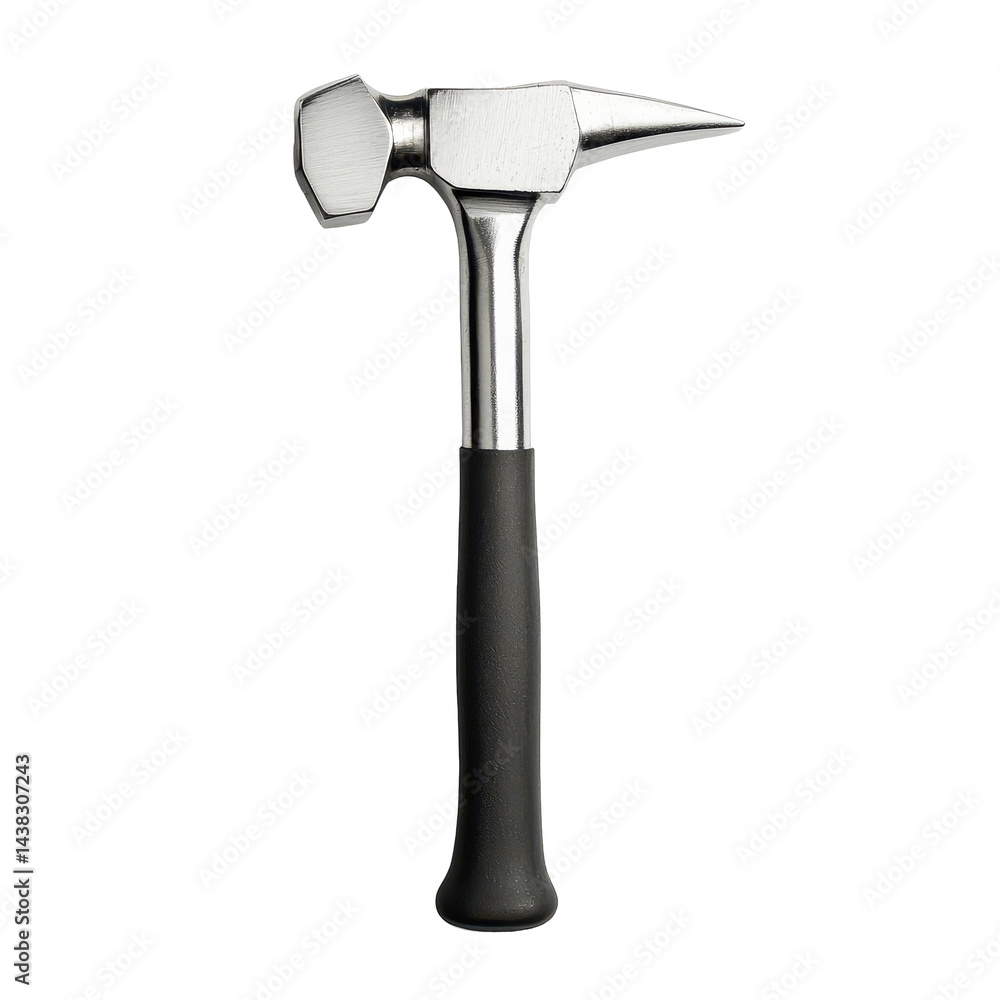 Close-up of a metallic hammer tool with a rubber handle and a sharp pointed end, used for carpentry or construction work, on transparent background