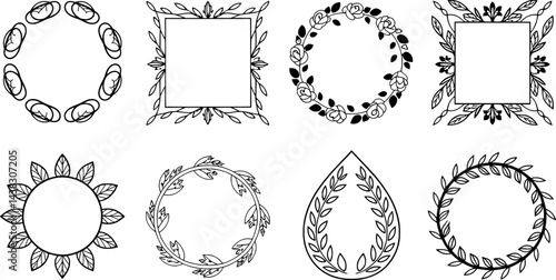 Collection of decorative floral frames and wreaths in black and white